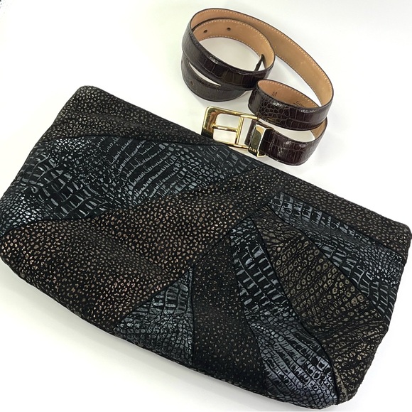 90s Glam Bundle Bag Belt Reptile Clutch Crossbody Black Brown Poofy Patchwork - Picture 1 of 14